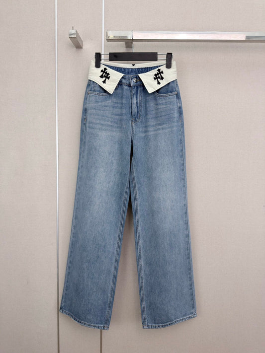 🔥HOT🔥 26FW New Embroidered Cross Fold-Over Waist Straight-Leg Jeans