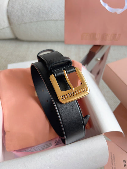 26FW New MM Black Leather Belt with Metal Buckle 30mm