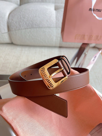 26FW New MM Brown Leather Belt with Metal Buckle 30mm